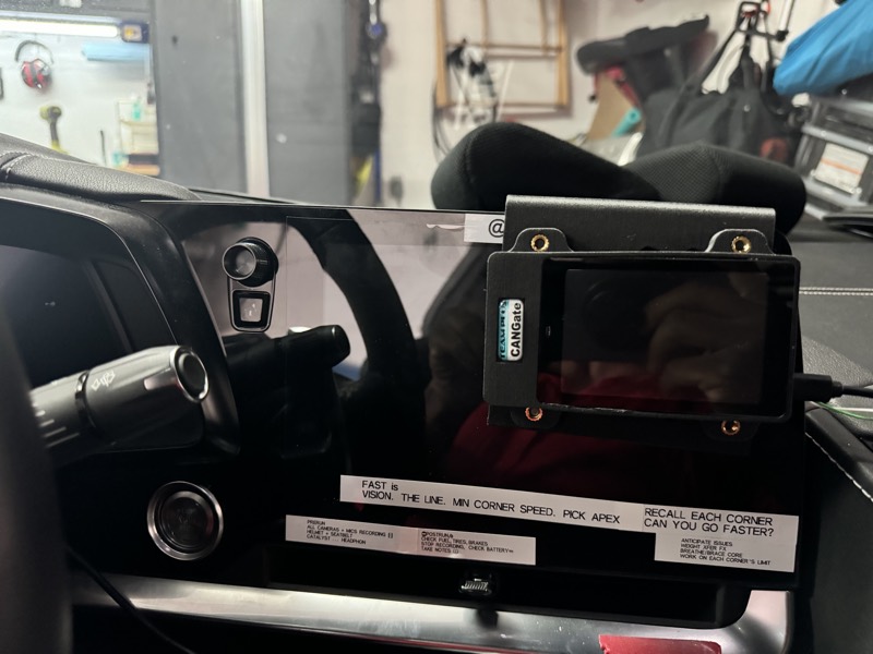 CANgate screen in its 3D printed dash holder